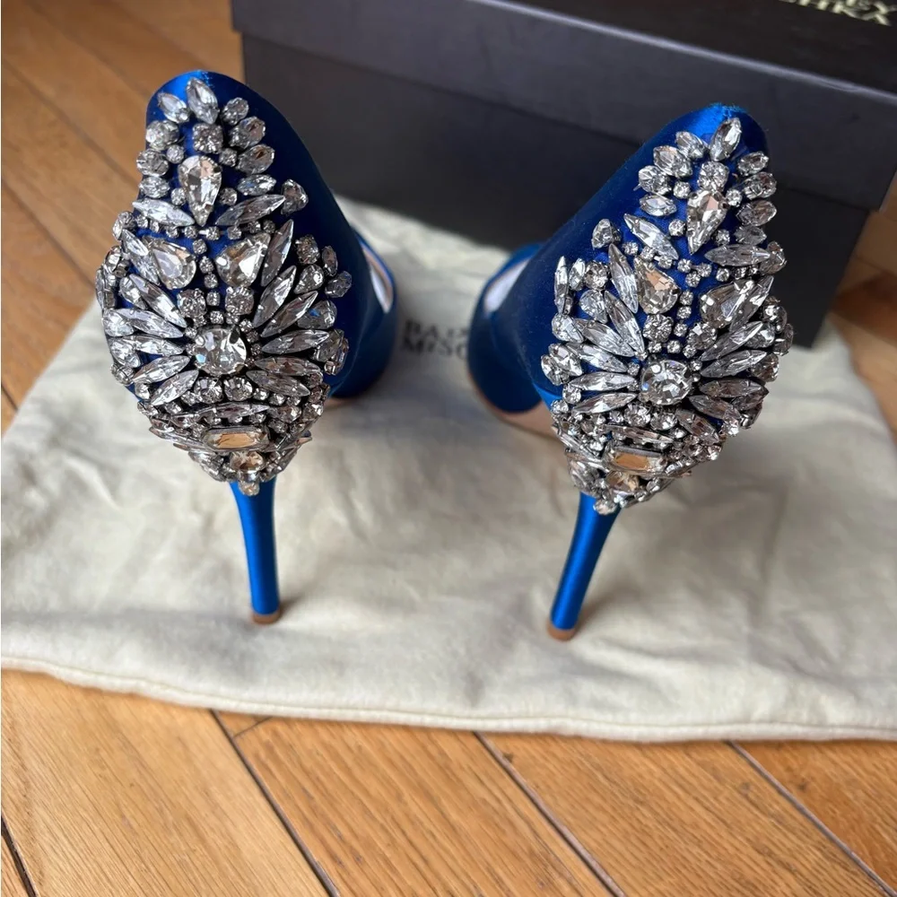 Badgley Mischka Embellished Royal Blue Satin Peep-Toe Pumps - Picture 2 of 4